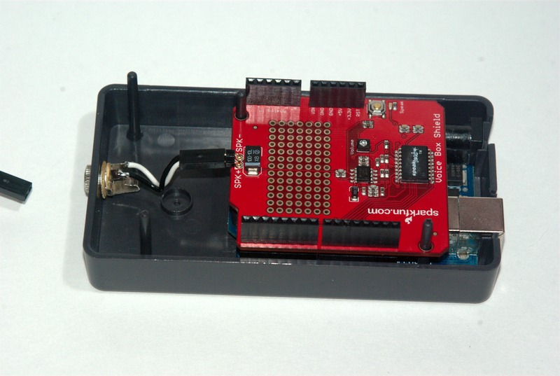 Installed in a Sparkfun Arduino project box.  The connector on the side is a 3.5mm mono headphone jack, for output to an FRS radio.
