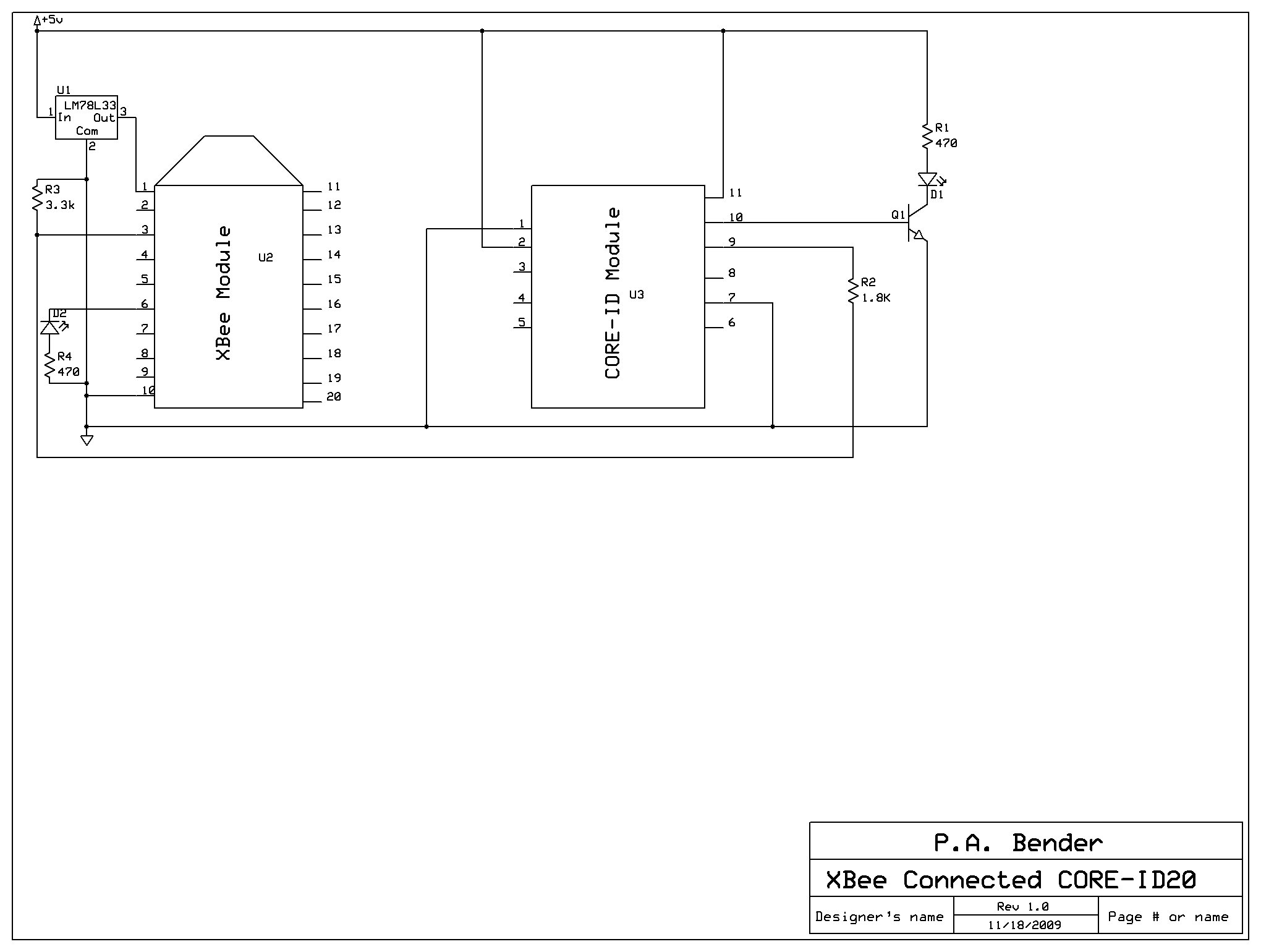 Schematic connecting a CORE-ID RFID module to an XBee